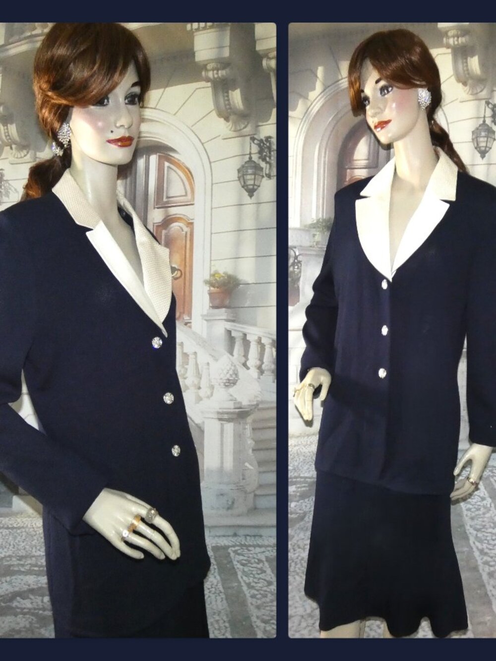 St. John Evening Suit Size 12 Dark Blue Santana Knit Blazer w/  Sparkling Collar